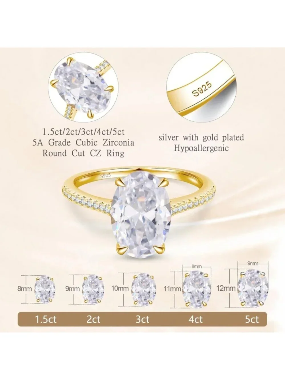 Stunning 925 Sterling Silver CZ Engagement Rings, 18K Gold Plated, Various Cuts